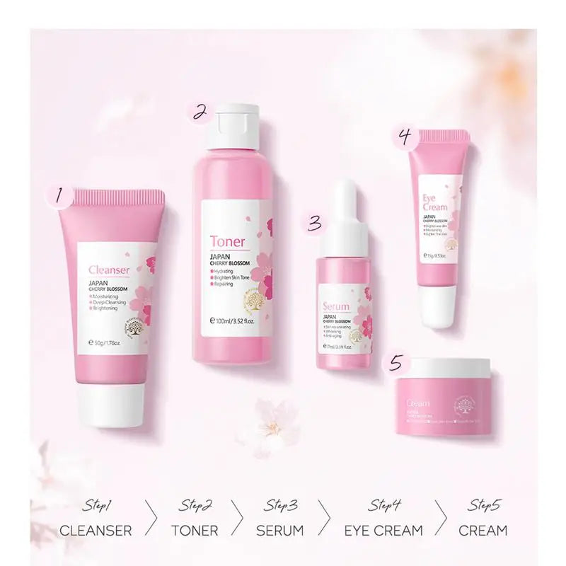 japan sakura cherry blossom skincare kit Facial Cleaner toner Face cream Essence Fade Dark Circles Eye Cream Skin Care Set