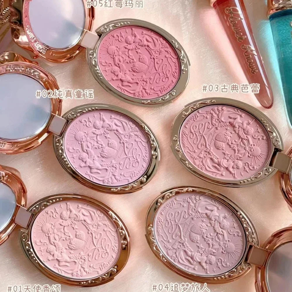 Flower Knows Strawberry Rococo Embossed Blush Matte Shimmer Pigment Waterproof Natural Nude Brightening Facial Makeup Cosmetics