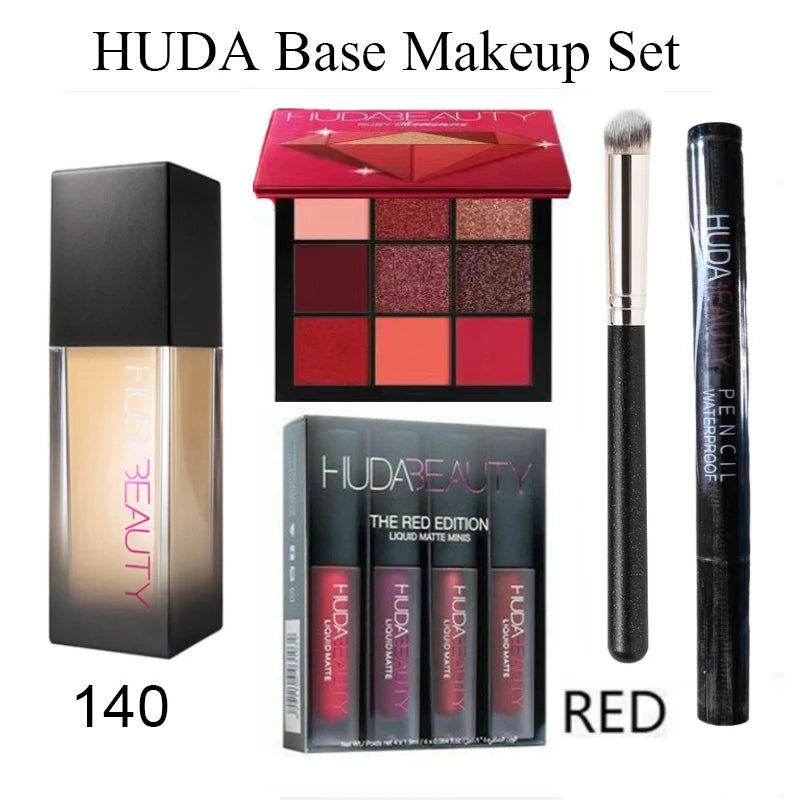 4PCS HUDA beauty Base Makeup Set Foundation Lipsticks Eye Shadow Mascara Eye Lashes Brush Beauty Makeup  Waterproof