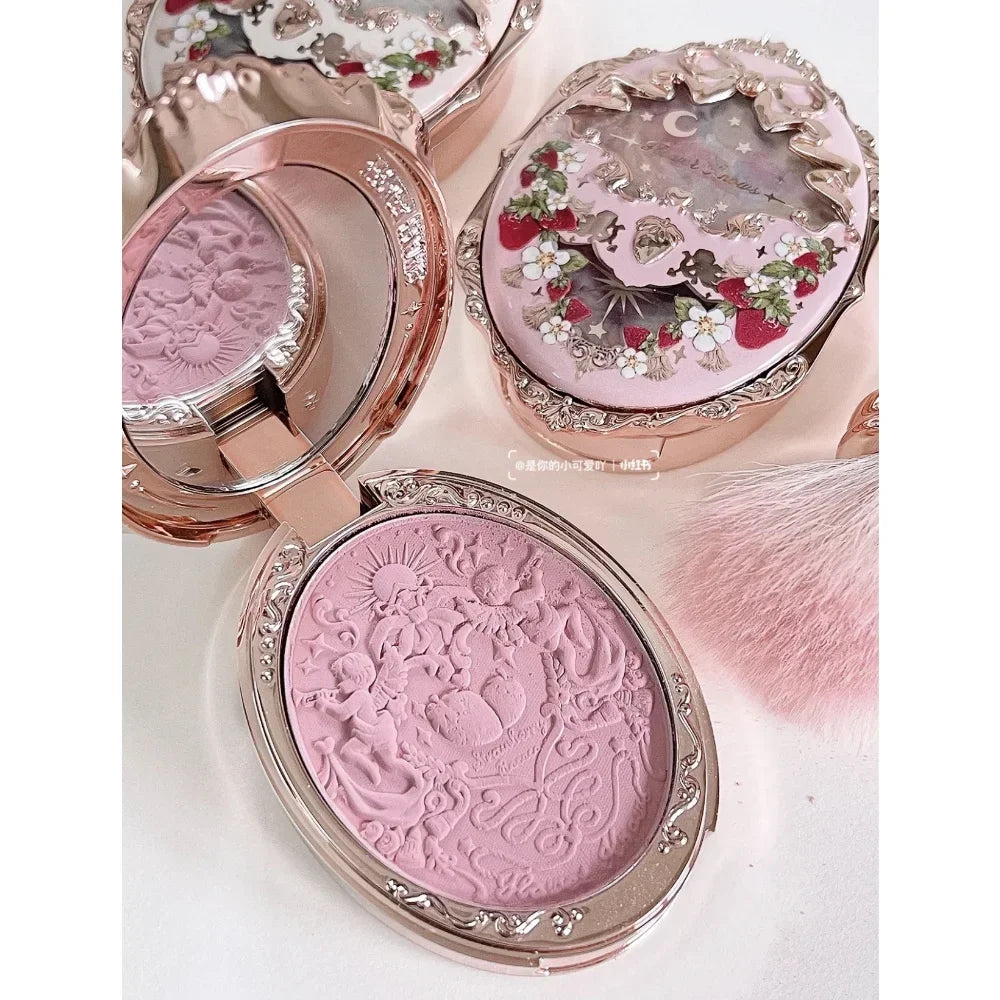 Flower Knows Strawberry Rococo Embossed Blush Matte Shimmer Pigment Waterproof Natural Nude Brightening Facial Makeup Cosmetics