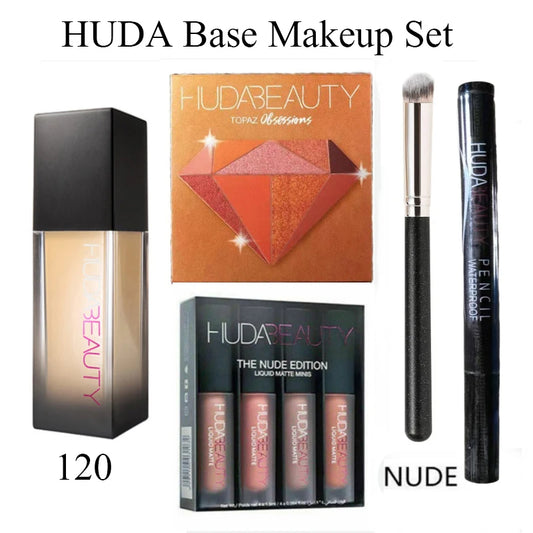 4PCS HUDA beauty Base Makeup Set Foundation Lipsticks Eye Shadow Mascara Eye Lashes Brush Beauty Makeup  Waterproof